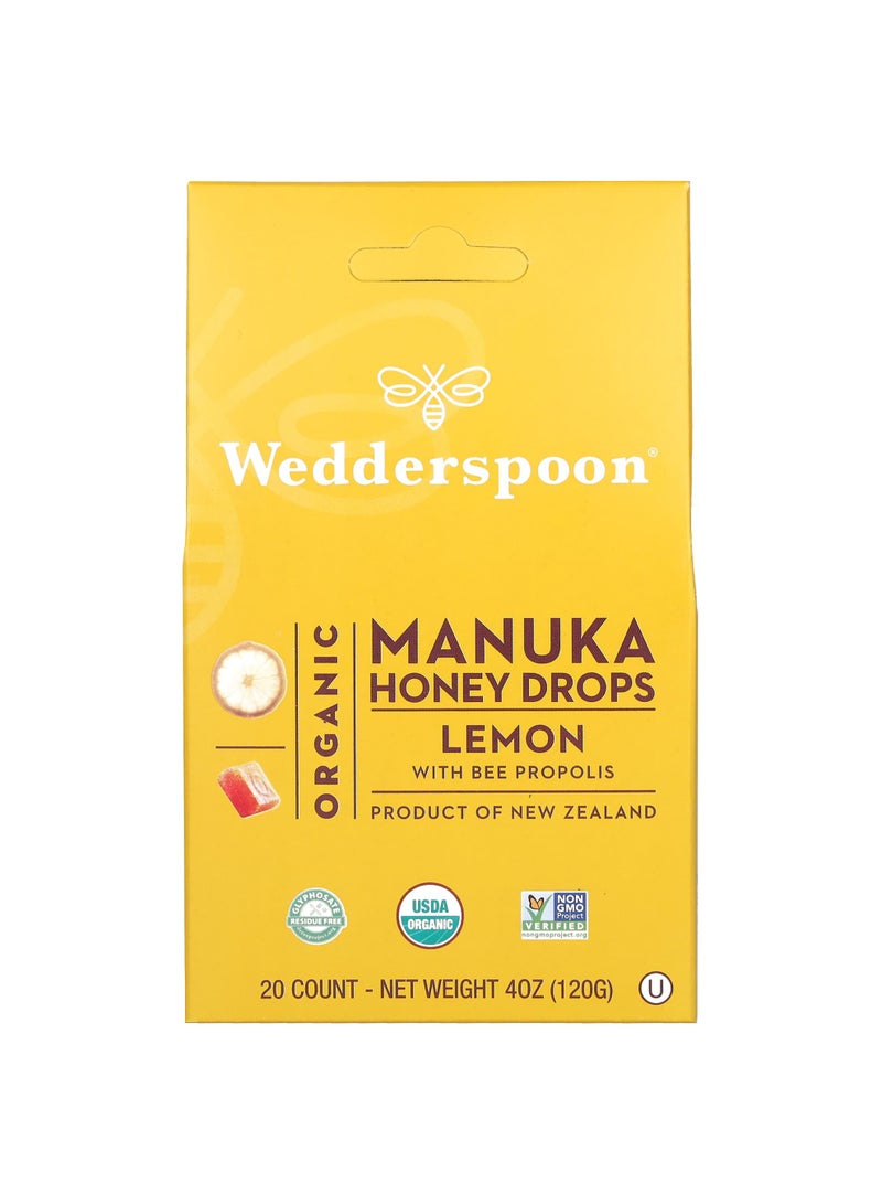 Organic Manuka Honey Drops, Lemon With Bee Propolis, 20 Count, 4 oz (120 g)